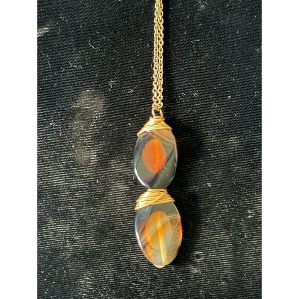 Gold-Tone Wire-Wrapped Banded Stone Pendant Necklace